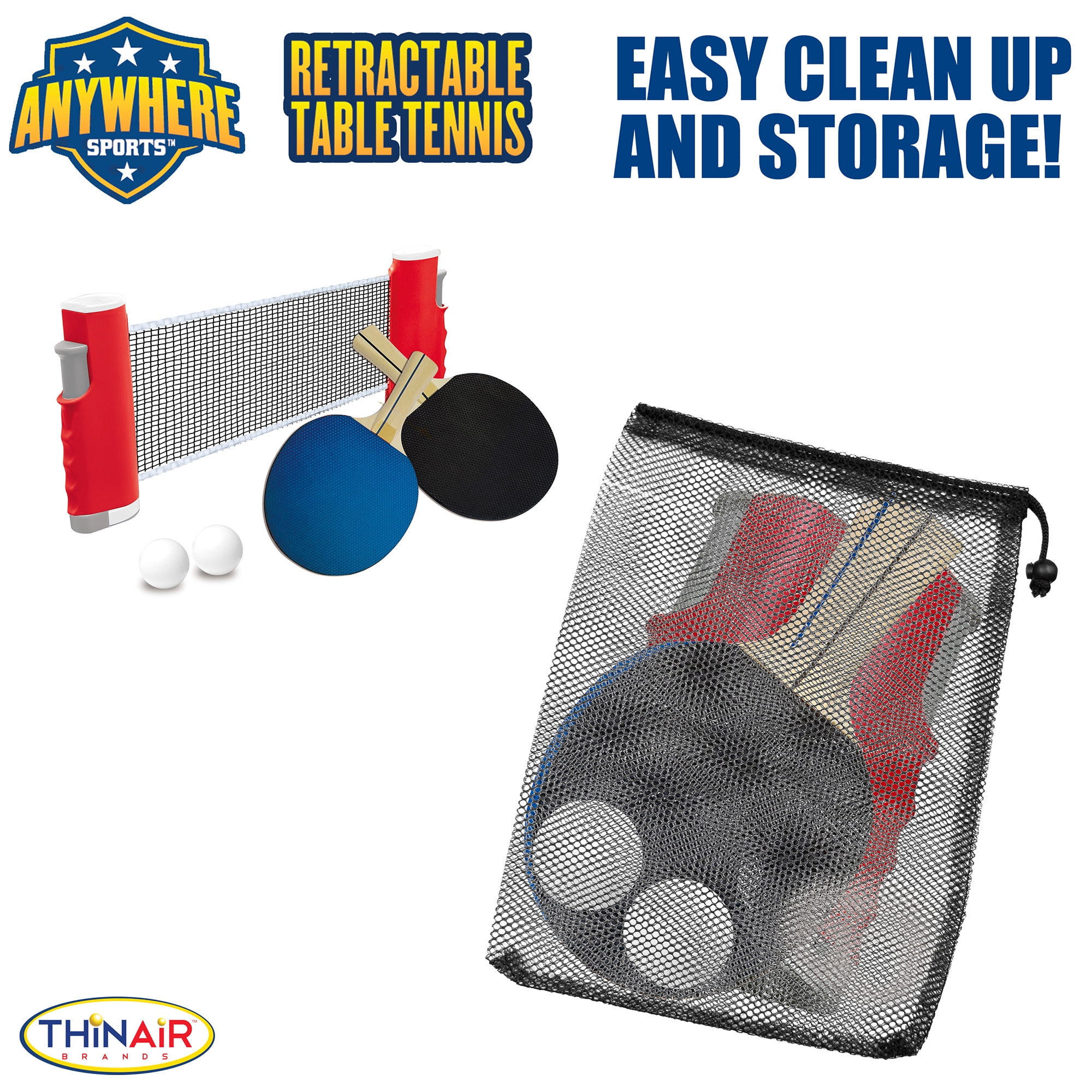 Anywhere Sports: Retractable Table Tennis - 6pc Sports Game Set, Extends To 70", Net, Paddles, Ping Pong Balls, Mesh Storage Bag, Indoor-Outdoor Play