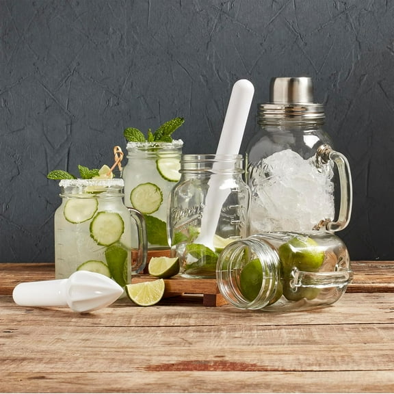 Mason Craft & More 7-Piece Glass Drinkware Bar Set, Cocktail Shaker, Muddler, Drinking Jars (16 oz.) Highball Glasses for Mojitos Margaritas