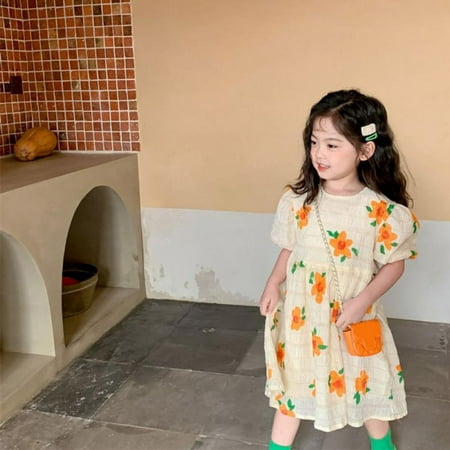 

Bullpiano Children Girls Casual Dresses Baby Kids Fresh Orange Flower Dress Puff Sleeve Ruffle Dress Slightly Pleated Swing Dress