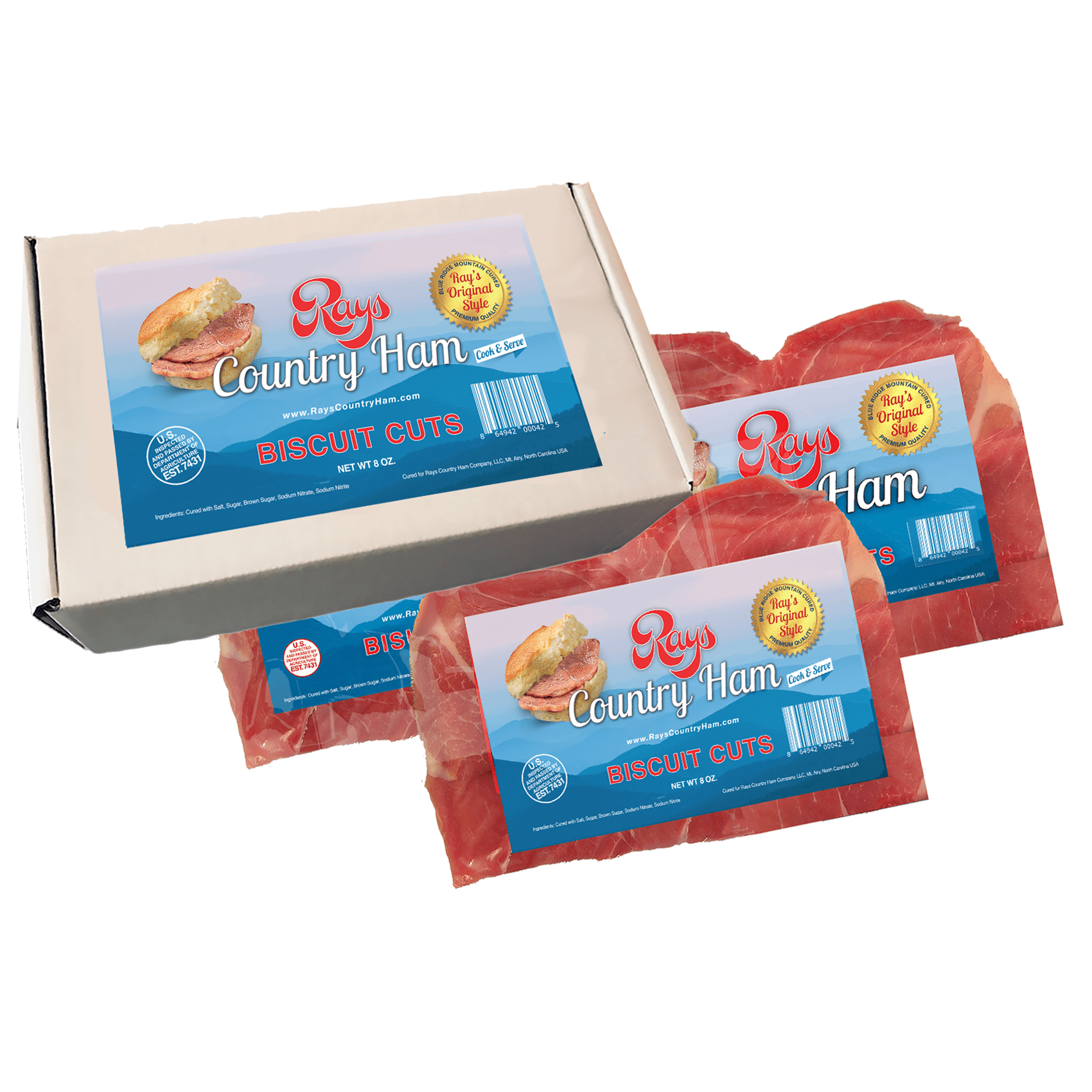 Rays Country Ham 1.5 lb Biscuit Cuts, Dry-Cured Sliced Ham, 3 Pack (8 oz Each), Vacuum-Sealed