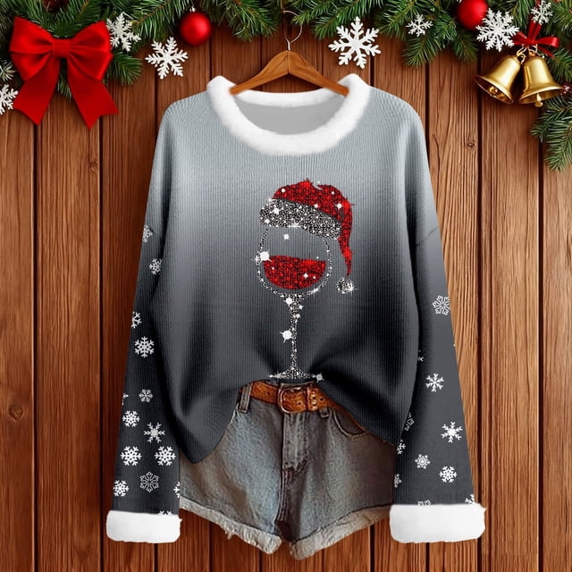 MHFRRA Camiseta de Manga Larga con Cuello, Estampado Festivo, Blusa Suave y Acogedora con Cuello Redondo para Atuendos de Fiesta de Temporada. Gris