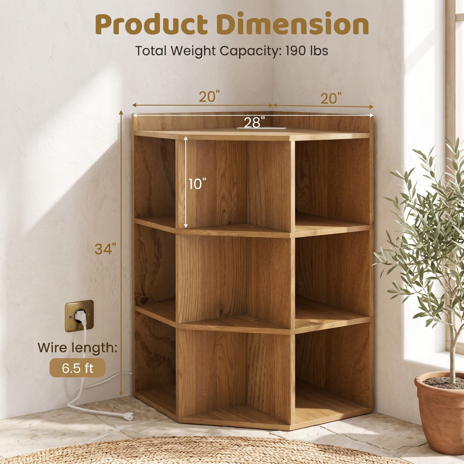 Furnibear 3-Tier Corner Cabinet with Charging Station, Corner Bookshelf Storage Organizer with 4 Outlets USB & Type-C Ports, 9-Cube Open Display Shelf for, Natural