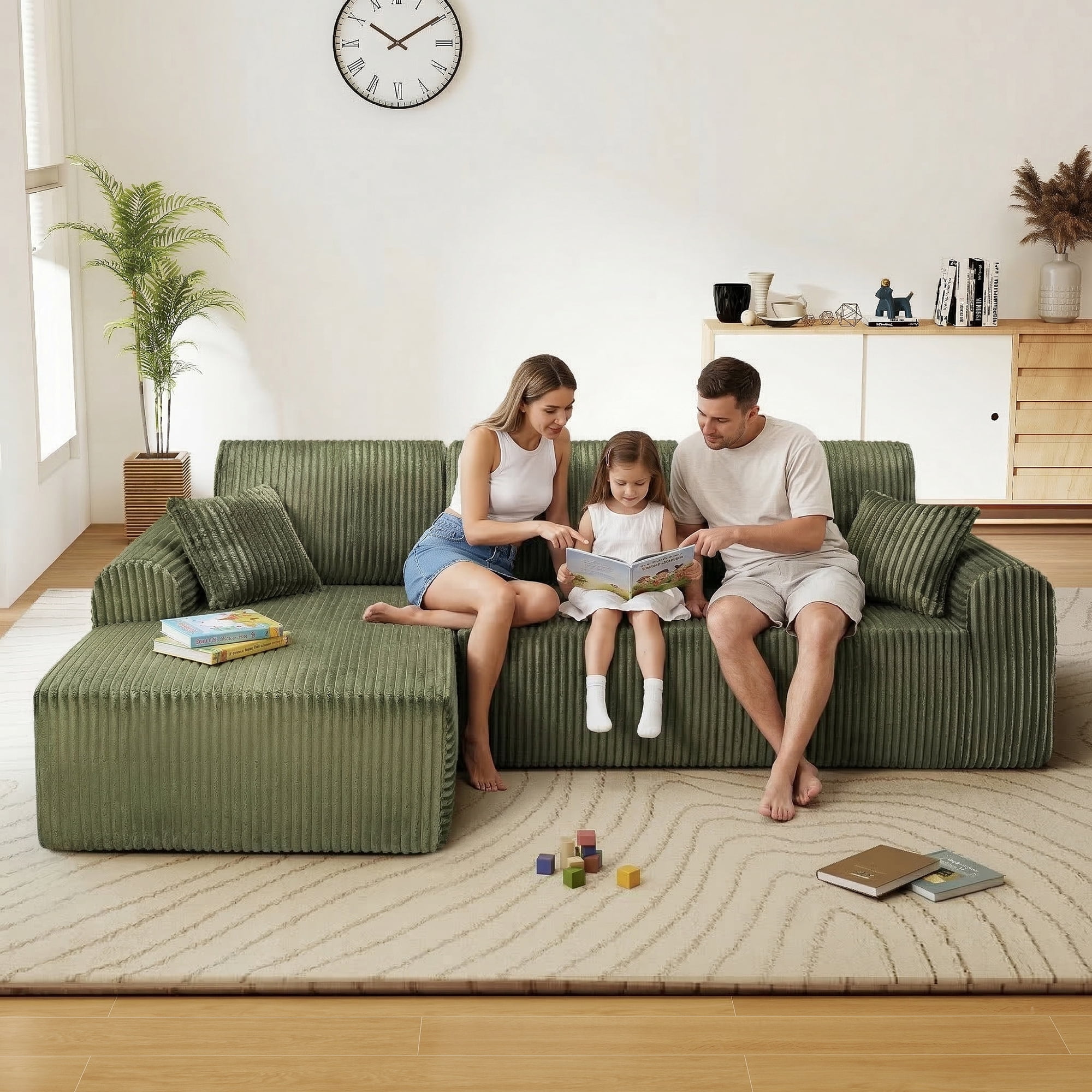 Aukfa 109" Modular Cloud Sectional Sofa with L-Shape Chaise, Corduroy Upholstered Deep Seat Couch, Left Facing Chaise, No Assembly Boneless Sofa for Living Room/Bedroom/Apartment, Green
