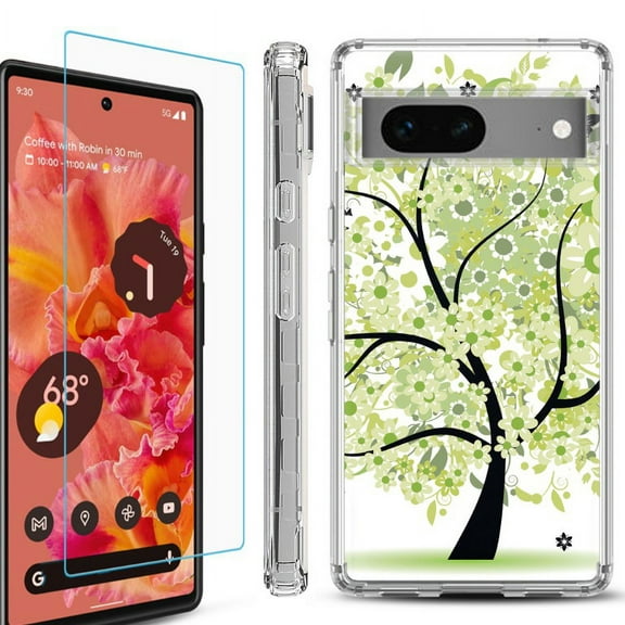 OneToughShield ® Compatible with Google Pixel 8, Shockproof Phone Case, with Tempered Glass Screen Protector - Green Tree