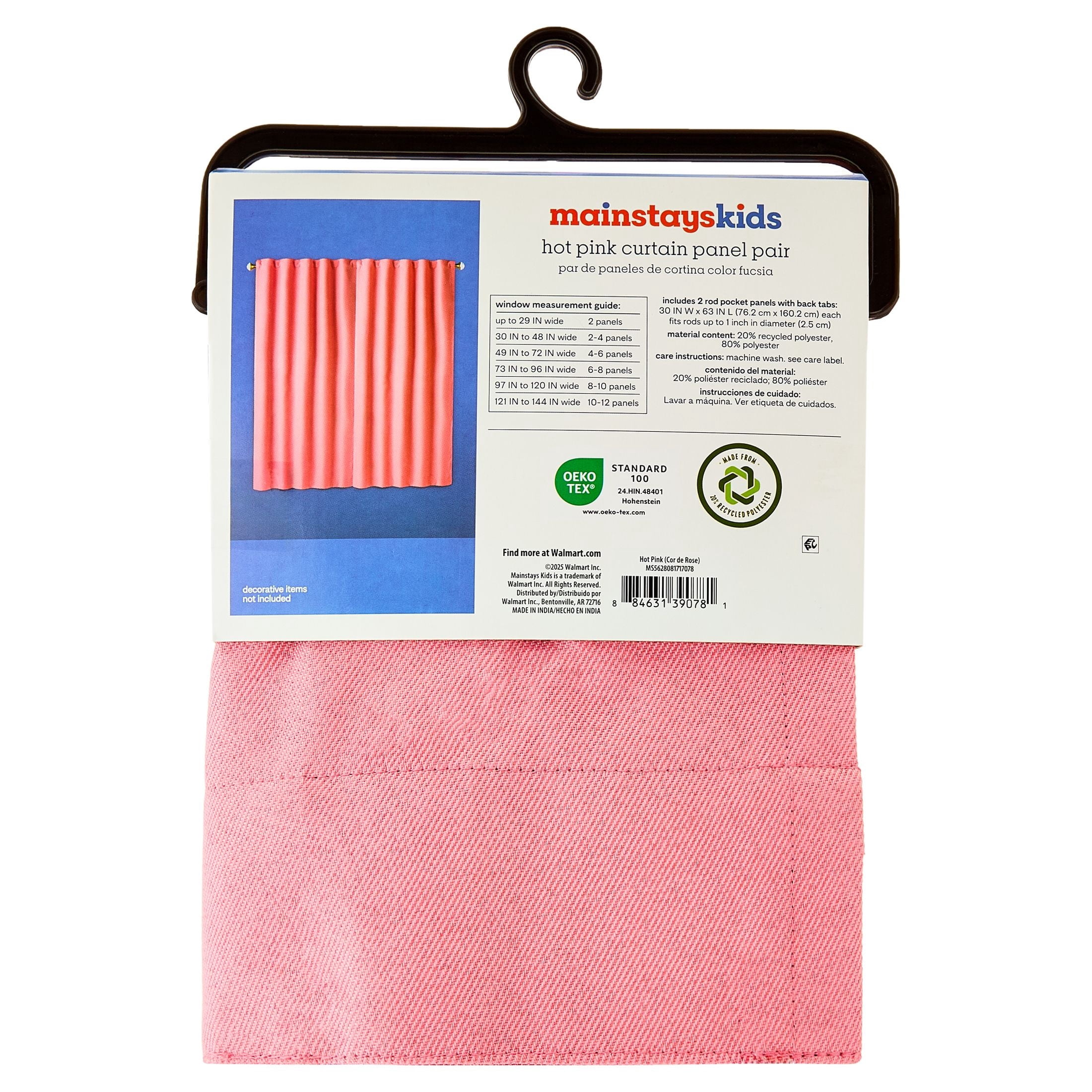 Mainstays Kids Pink Solid Blackout Rod Pocket with Back Tabs Curtain Panel Pair, Set of 2, 30" W x 63" L