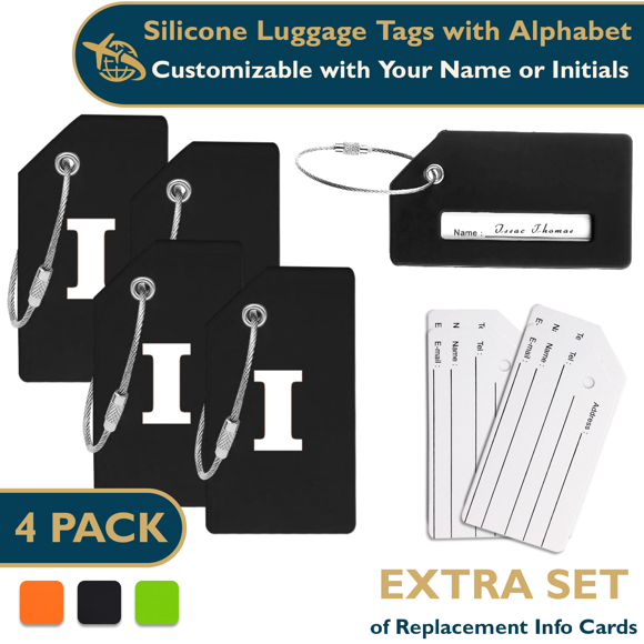 ComfiTime Luggage, Luggage Tags con Alfabeto: Maletas Tags de Silicona Aprobadas por la TSA, Bolsa de Viaje, Equipaje y Mochilas con Cubierta de Privacidad, Presilla de Acero Inoxidable