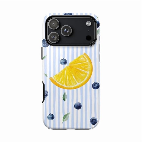 Lemon & Blueberry Watercolor Phone Case for iPhone 17-11 Pro Max/Plus/Mini, Blue Stripe Fruit Art Cover