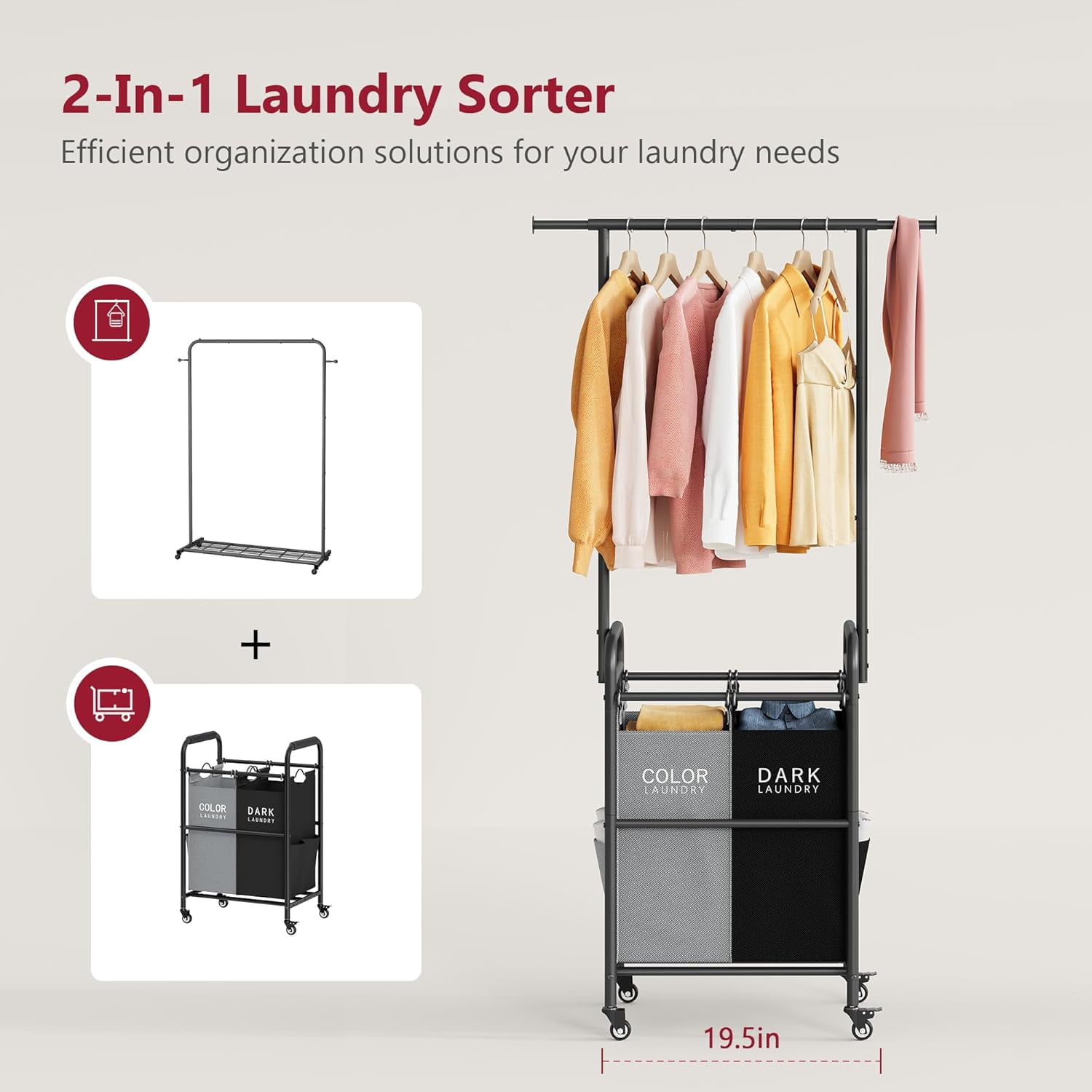 Laundry Sorter with Hanging Rack, 2 Section Rolling Laundry Hamper with Lockable Wheels and Removable Bag
