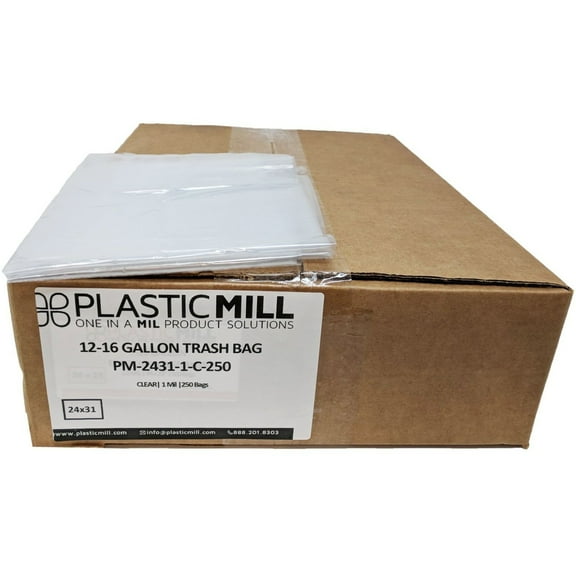 PlasticMill 12-16 Gallon, Clear, 1 Mil, 24x31, 250 Bags/Case, Garbage Bags / Trash Can Liners.