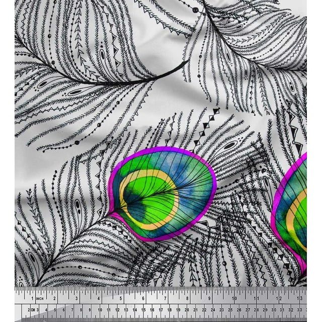 Soimoi Velvet Fabric Peacock Feather Print Fabric by the Yard 58 Inch Wide