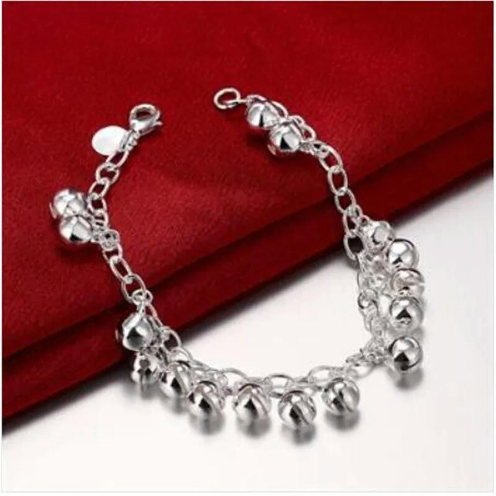 QQTDFG 925 Sterling Silver Bells Link Chain Bangle Bracelet