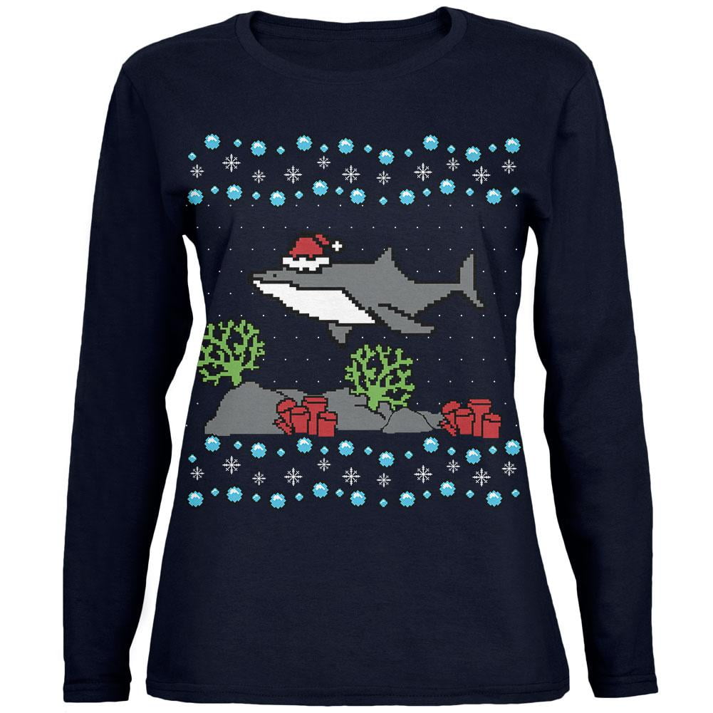 Ugly Christmas Sweater Shark Santa Hat Womens Long Sleeve T Shirt