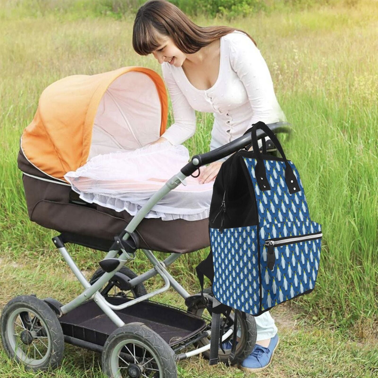 Ratiio Beautiful King Penguin Pattern Mummy Backpack - Waterproof Twill Canvas, Large Capacity Diaper Bag with Multiple Pockets and Adjustable Straps