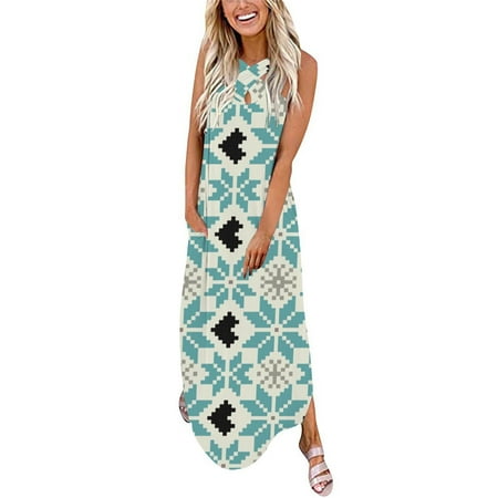 

Women Printing Loose Sundress Long Dress Crisscross Sleeveless Split Maxi Dress Summer Beach Womens Maternity Dress Long