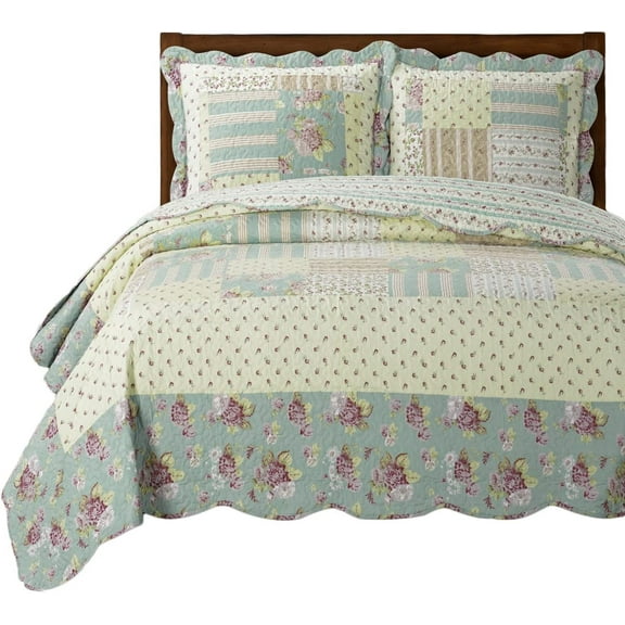 sheetsnthings Annabel Full/Queen Size, Over-Sized Quilt 3pc Set 92x96, Luxury Microfiber Printed Coverlet