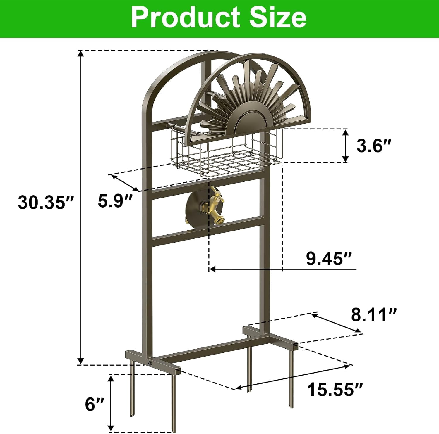 Garden Hose Holder with Brass Faucet, Freestanding Water Hose Stand with Storage Basket, Detachable Heavy Duty Hose Reel Hanger Holds 150-Feet Hose for Outside Patio Yard Lawn
