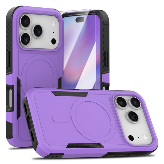 Dteck Magnetic Case with Tempered Glass Screen Protector for iPhone 17 Pro,Shockproof TPU PC Case Compatible with Mag Safe Back Cover for iPhone 17 Pro,Purple