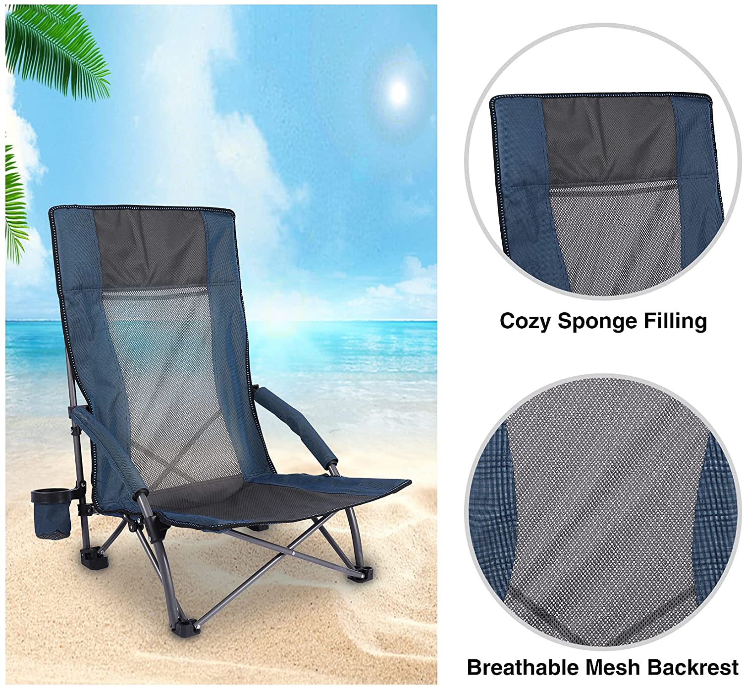 Lineslife Folding Beach Chair High Back for Adults, 2 Pack Low Seat Lightweight Concert Chairs Portable for Camping Lawn Outdoor Travel, Blue - image 2 of 7