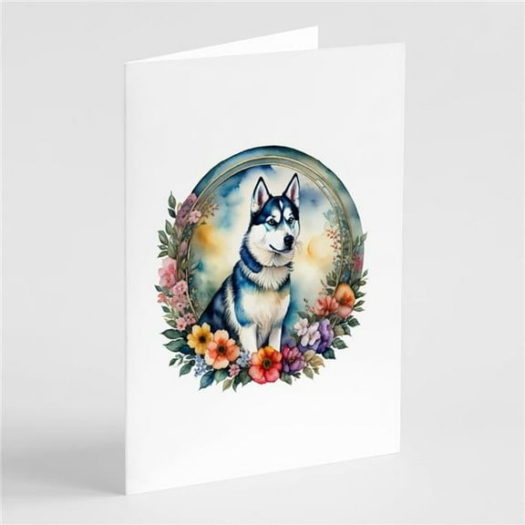 Siberian Husky and Flowers Greeting Cards and Envelopes Pack of 8 7 in x 5 in