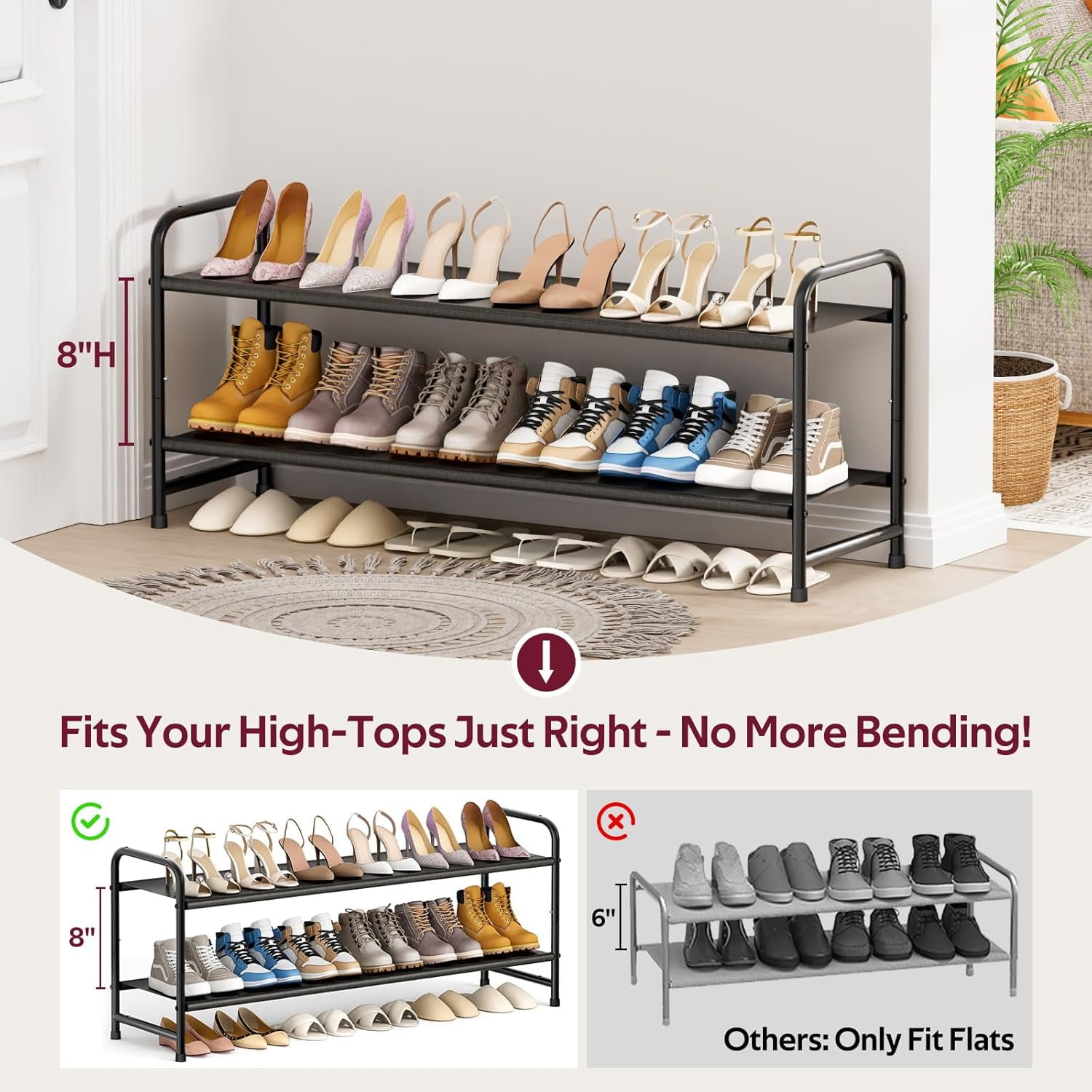 Long 2-Tier Shoe Organizer for Closet, Stackable Wide Shoe Rack Holds 18-Pairs Low Shoe Shelf Storage for Bedroom, Floor, Entryway(Black)