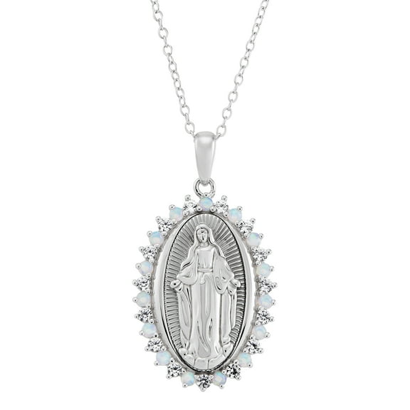 Brilliance Fine Jewelry Created Opal White Sapphire Oval Mary Pendant in Sterling Silver, 18"