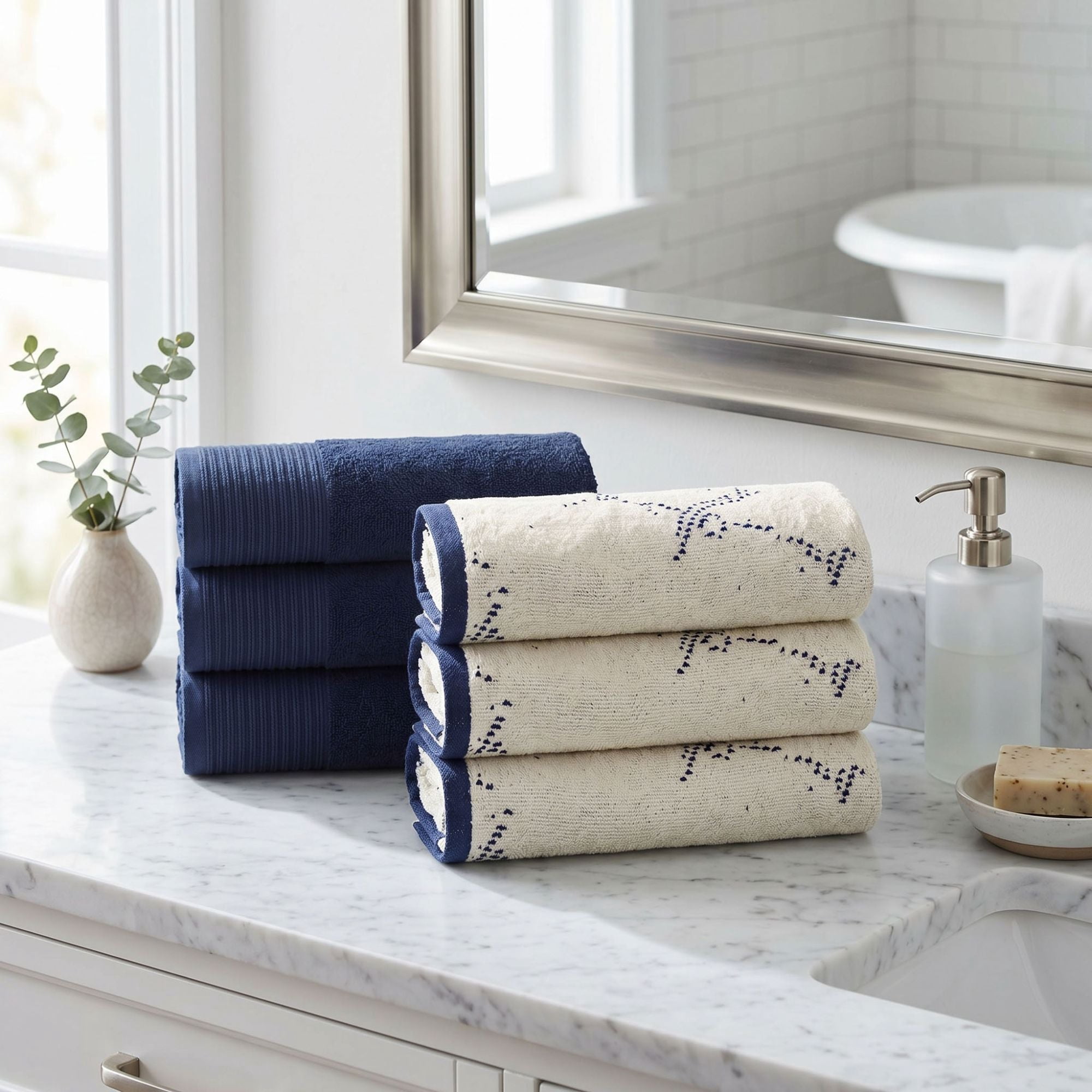 Superior Marble and Solid Jacquard Cotton 6-Piece Hand Towel Set, 6-Pack, Navy Blue - Ivory