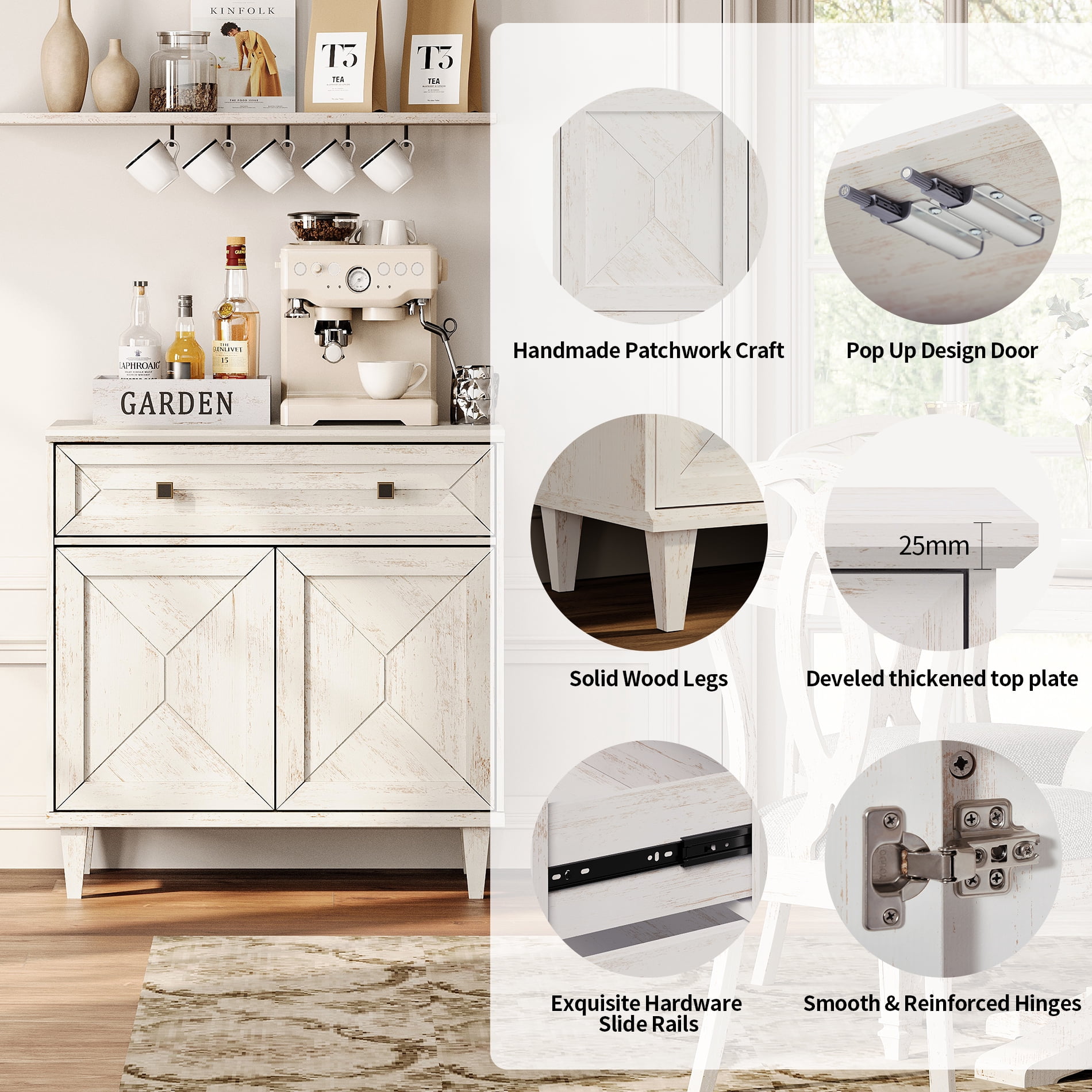 WAMPAT Handmade Patchwork 94.5" TV Stand with Cabinet, Fits up to 100" TV, White