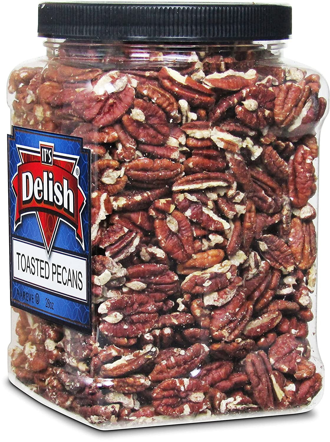 Gourmet Toasted Unsalted Pecans by Its Delish, 28 Oz Jumbo Reusable Container Jar  Oven Fresh Dry Roasted Pecan Nuts Halves Unsalted - Keto, Kosher