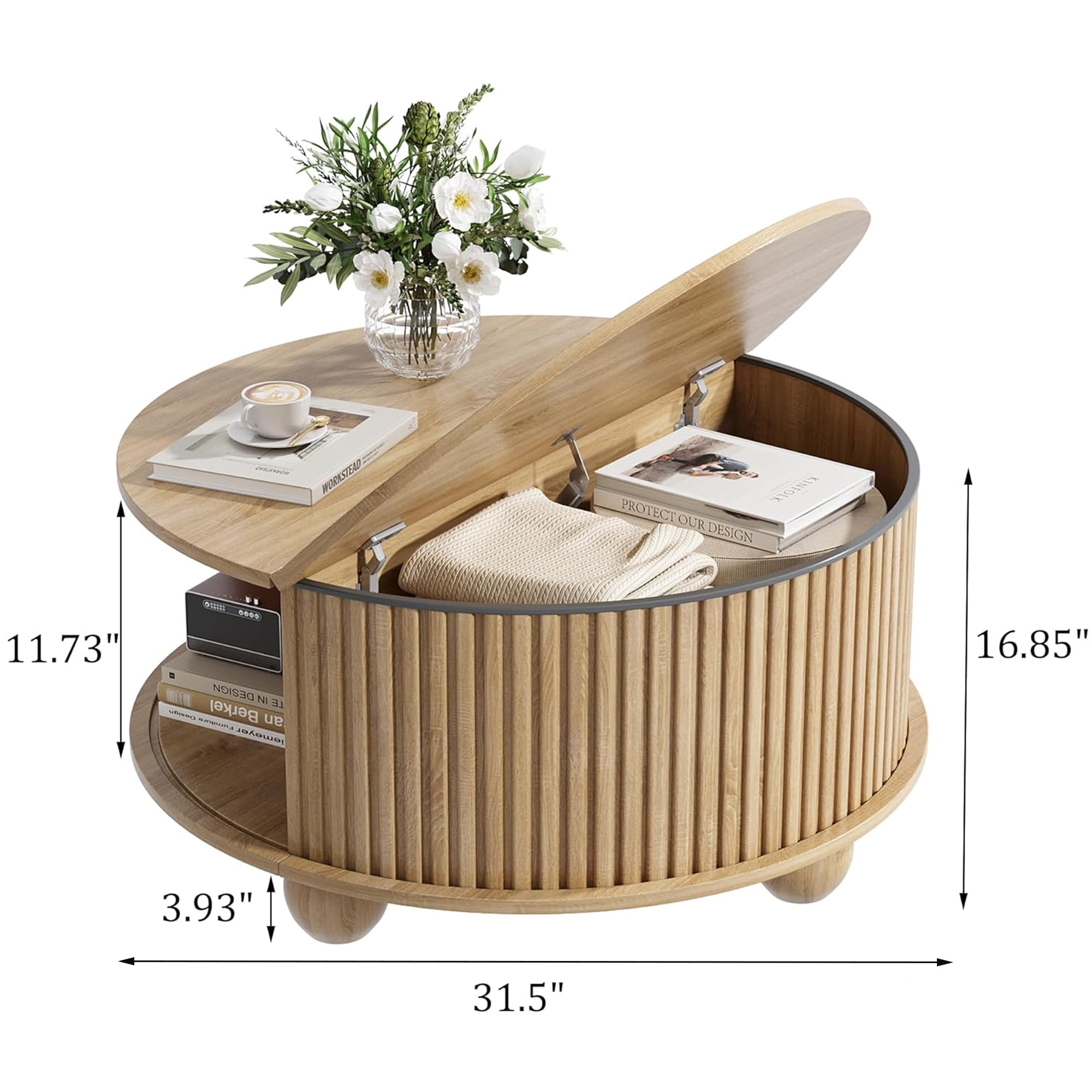 Round Coffee Table with Storage, Accent Fluted Drum Coffee Table with Sliding Door, Mid Century Modern Table for Living Room, Farmhouse Coffee Table for Small Space