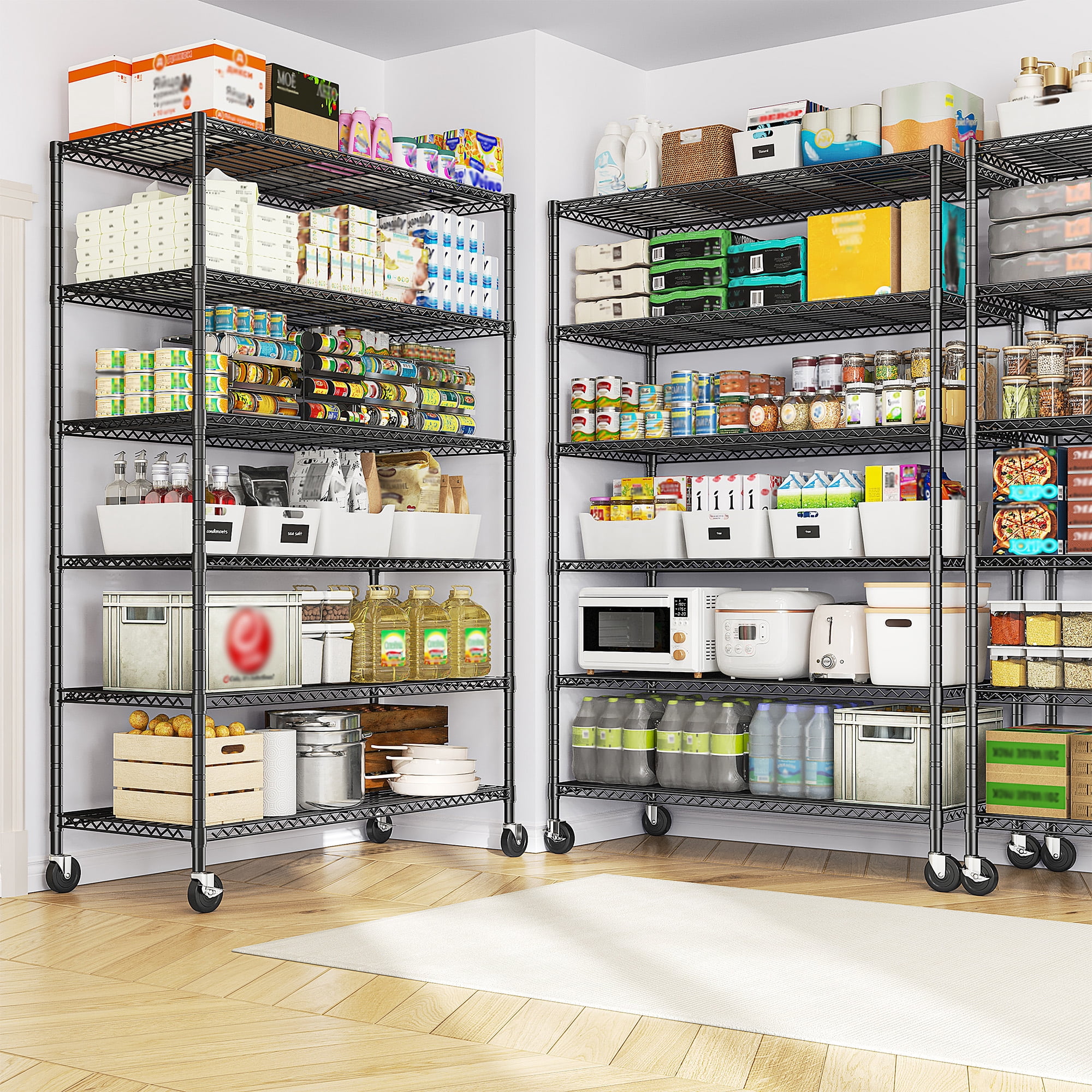 REIBII 6-Tier Wire Shelving Unit with Wheels, 82"H x 45"W x 18"D, 1200LBS Capacity,Adjustable Metal Storage Shelves for Garage,Kitchen,Pantry,Black