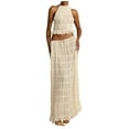 thumbnail image 3 of Riforla Women's Chiffon Pleated Maxi Skirt and Neck Crop Top Set with Wooden Bead Trim 2 Piece Sets Women Outfit White M, 3 of 9
