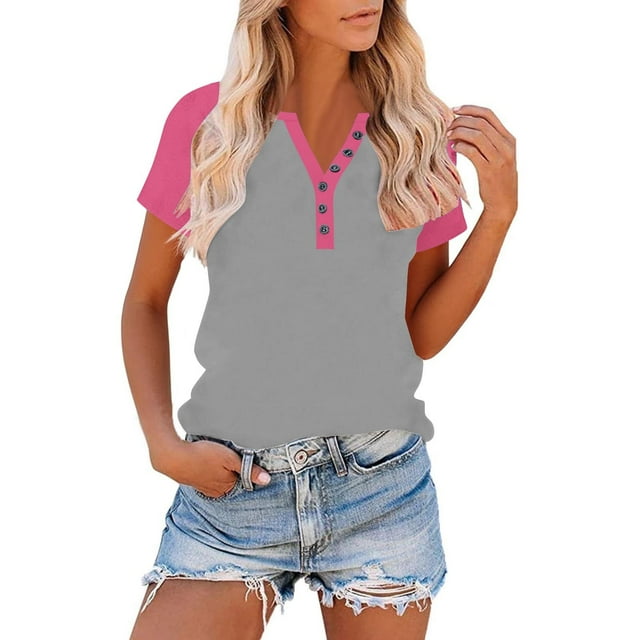 HongQid Womens V Neck Basic Tops Color Block Tunic T Shirts Summer Short Sleeve Casual Henley Cotton Tees Shirts
