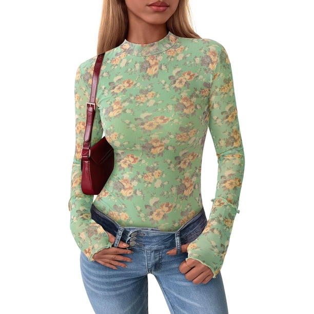 Camisa de Mujer PRETTYGARDEN Manga Larga de Malla Floral Verde Talla L