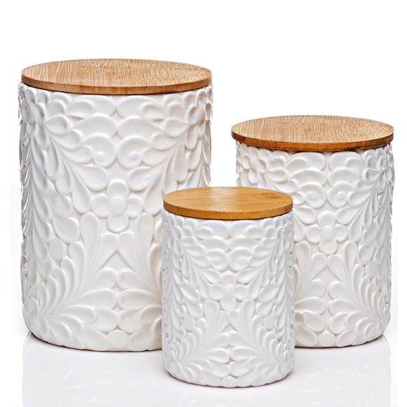 Engraved Design Kitchen Canisters Set of 3 with 74 Oz, 36 Oz, and 18 Oz - White Storage Jars for Countertop with Airtight Bamboo