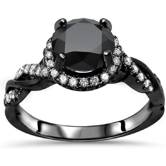 beryl_creation 1.30 Ct Round Cut Black Diamond Halo Engagement Wedding Ring 14K Black Gold Plated 925 Sterling Silver For Women's -7