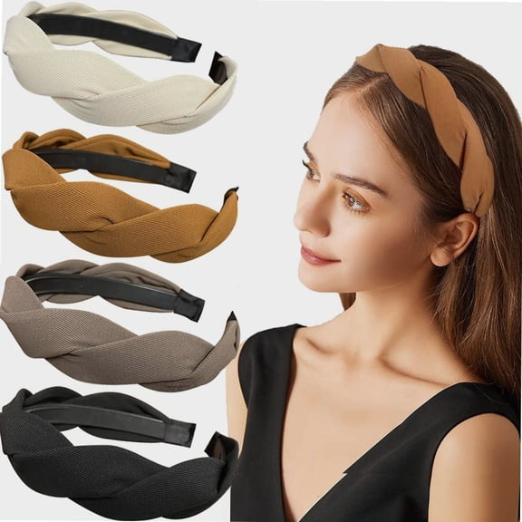 Set of 4 Fashion Solid Headbands for Women Girls 1.2inch Wide Braided Headband Fabric Hairbands with Tooth Non Slip Hairhoop Accesorries