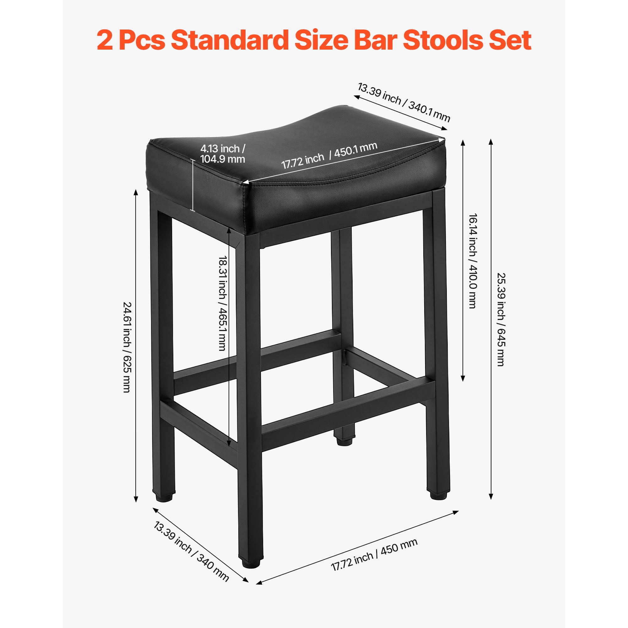 KFFKFF Set of 2 PU Leather Bar Stools, 25-inch Counter Height Saddle-Seat with Metal Legs, Backless Design for Kitchen, Dining Room, Cafe, Easy-to-Assemble, Black