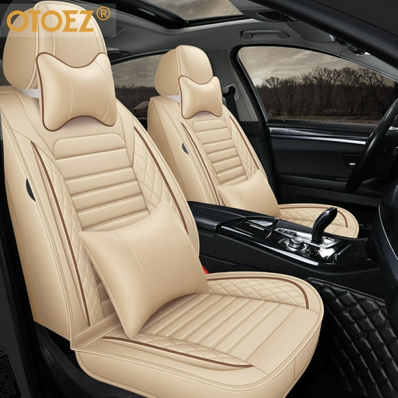 OTOEZ 5D Car Seat Covers Full Set Waterproof Leather Universal for Sedan SUV Truck With Pillows, Beige