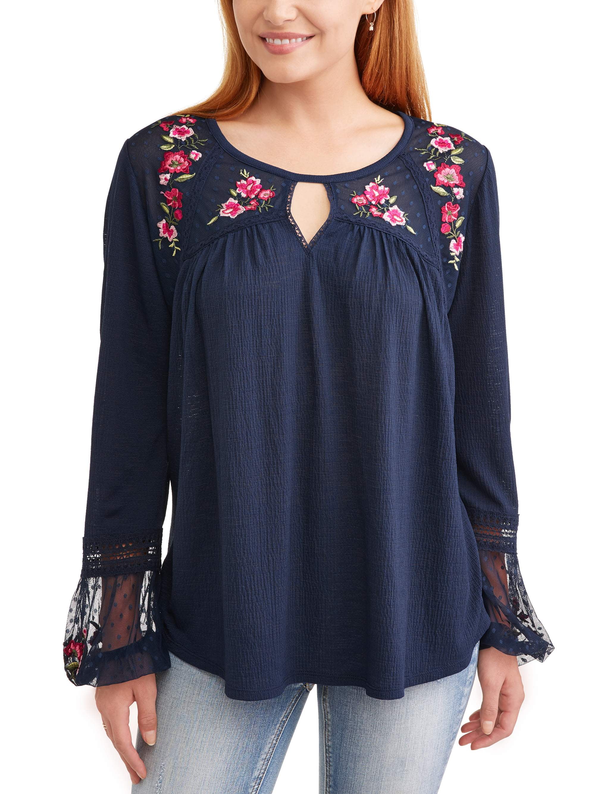 Time and Tru Women's Embroidered Peasant Top