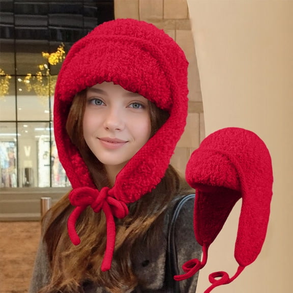 Women's Solid Color Knit Hat with Ear Muffs - Winter Warm Hat for Cold Fall Weather Red One Size