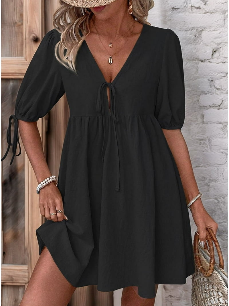 Womens Summer Casual Short Sleeve Dresses A Line Bow-Knot Tie Front  Babydoll Loose Cute Mini Dress Black M - Walmart.com