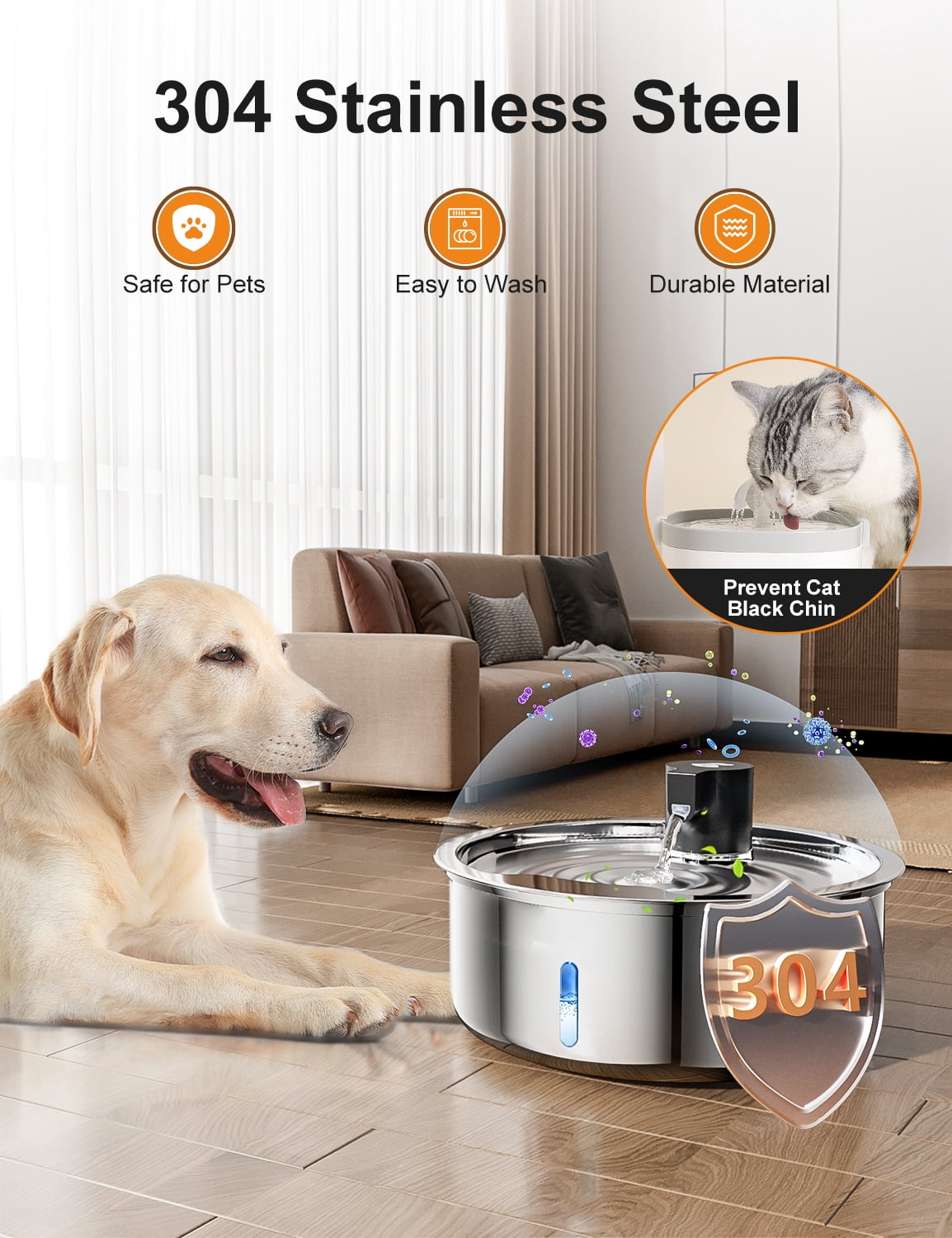 Dog Water Fountain, 8L Stainless Steel Dog Water Fountain for Large Dogs, Dog Water Bowl Dispenser, Super Quiet Pump and Replacement Filters for Cats and Dogs