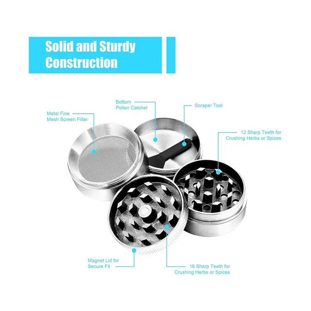 Molinillo de cocina de 4 piezas fabricado en metal para triturar y triturar hierbas, especias, tabaco, plantas, hojas de té, etc.