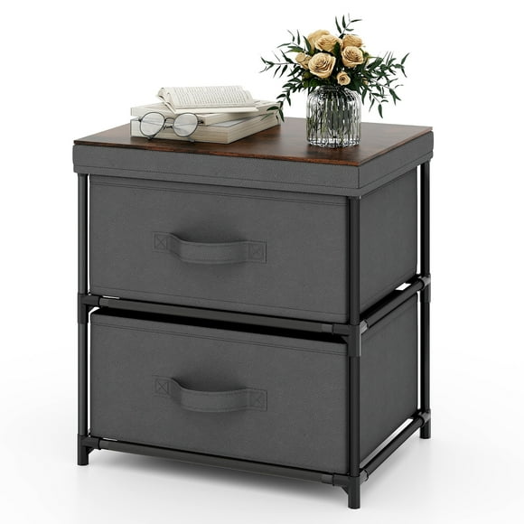 Gymax 2 Drawer Dresser Fabric Storage Organizer Nightstand Bedside Sofa Table Grey & Rustic Brown