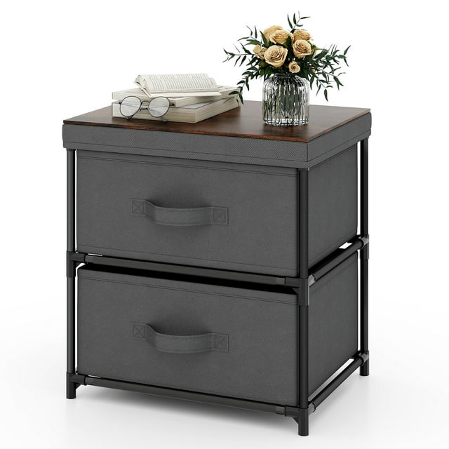 Gymax Commode à 2 Tiroirs Organisateur de Rangement en Tissu Table de Chevet Table de Canapé Gris et Brun Rustique