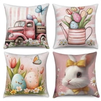 Happy Easter Pink Throw Pillow Covers 18x18 Set of 4,Cute Bunny Rabbit Eggs Decorative Pillow Cases for Bedroom Sofa Couch