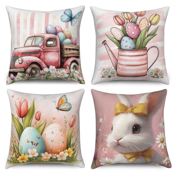 Happy Easter Pink Throw Pillow Covers 18x18 Set of 4,Cute Bunny Rabbit Eggs Decorative Pillow Cases for Bedroom Sofa Couch