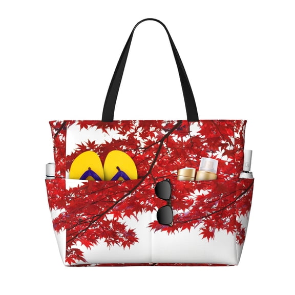 Kdxio Red Maple Leaf for Beach Bag for Women Large Beach Tote Bag Waterproof Sandproof Swim Bag with Zipper Pockets Beach Vacation Travel