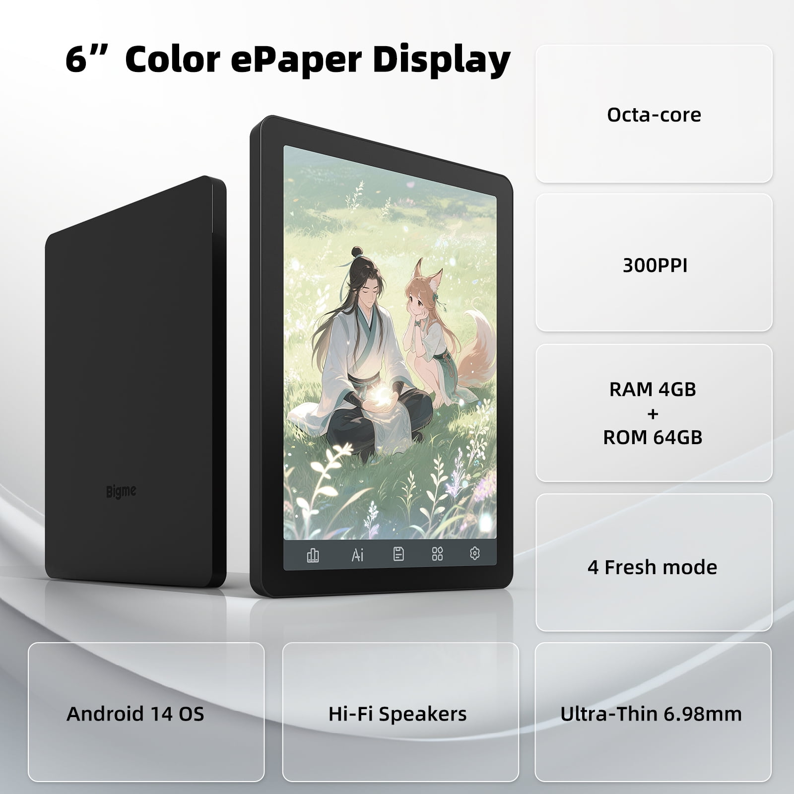 Bigme B6 6-Inch Color E-Paper Tablet Android 14 Reader with 4GB+