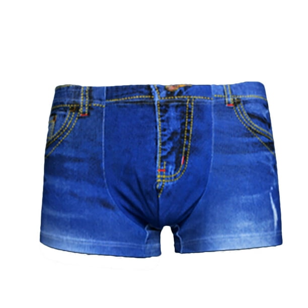 HEVIRGO Denim Pattern Fake Jeans Print Cotton Men Boxer Briefs Underwear  Underpants